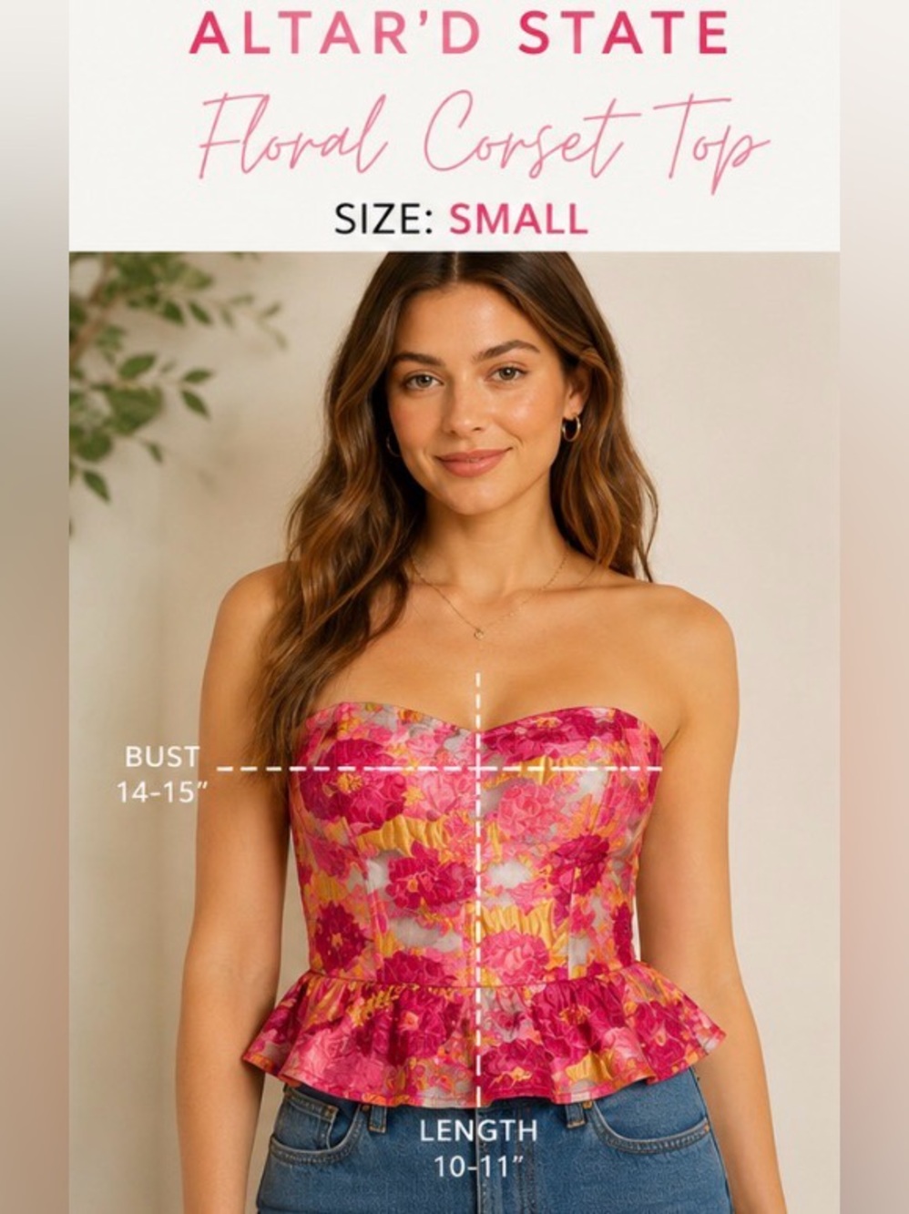 Altar'd State Pink and Gold Floral Corset Peplum Top